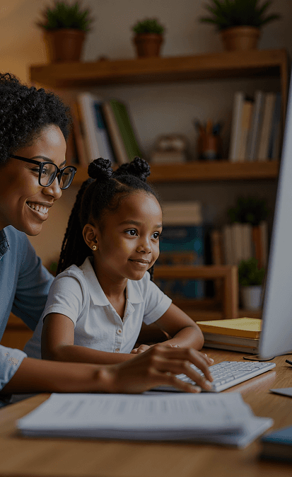 A parent helping a child learn on a computer